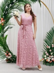 SHEIN Belle Plus Zip Back Belted Lace Bridesmaid Dress - Dusty Pink - View 1