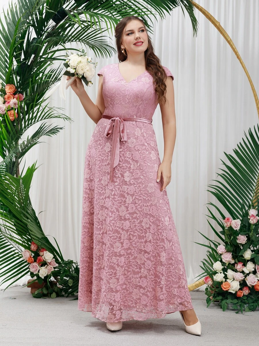 SHEIN Belle Plus Zip Back Belted Lace Bridesmaid Dress - Dusty Pink - View 1