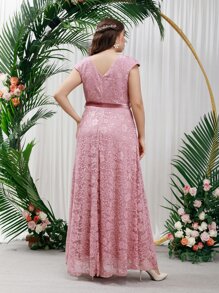 SHEIN Belle Plus Zip Back Belted Lace Bridesmaid Dress - Dusty Pink - View 2