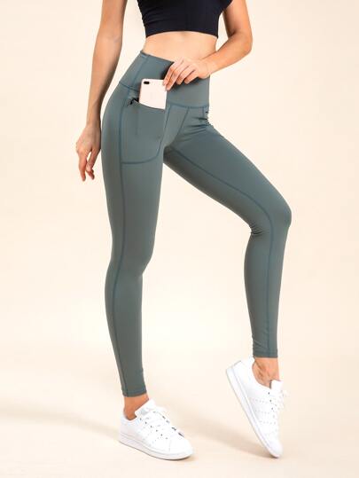 Solid Stitch Detail Sports Leggings With Phone Pocket