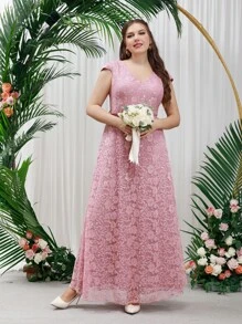 SHEIN Belle Plus Zip Back Belted Lace Bridesmaid Dress - Dusty Pink - View 3