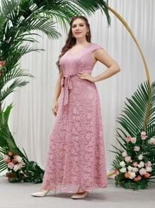 SHEIN Belle Plus Zip Back Belted Lace Bridesmaid Dress - Dusty Pink - View 6