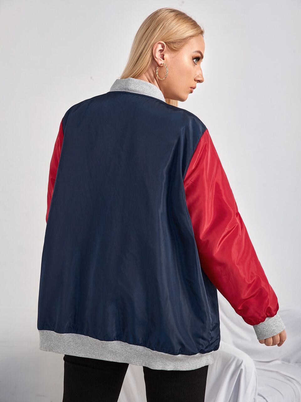 Plus Color Block Zipper Bomber Jacket