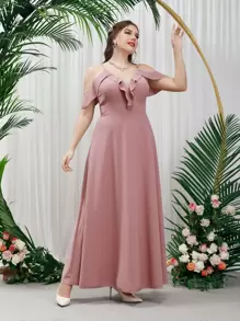 SHEIN Belle 大碼挖肩荷葉邊伴娘洋裝 - 藕粉色 - 查看 1