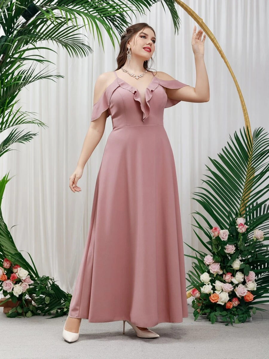 SHEIN Belle 大碼挖肩荷葉邊伴娘洋裝 - 藕粉色 - 查看 1