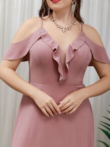 SHEIN Belle 大碼挖肩荷葉邊伴娘洋裝 - 藕粉色 - 查看 3