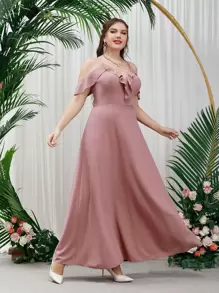 SHEIN Belle 大碼挖肩荷葉邊伴娘洋裝 - 藕粉色 - 查看 4