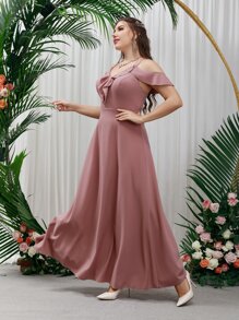 SHEIN Belle 大碼挖肩荷葉邊伴娘洋裝 - 藕粉色 - 查看 5