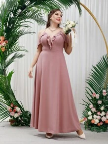 SHEIN Belle 大碼挖肩荷葉邊伴娘洋裝 - 藕粉色 - 查看 6