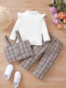 嬰兒格紋吊帶上衣和長褲和荷葉邊小高領T恤 - 彩色 - 查看 1