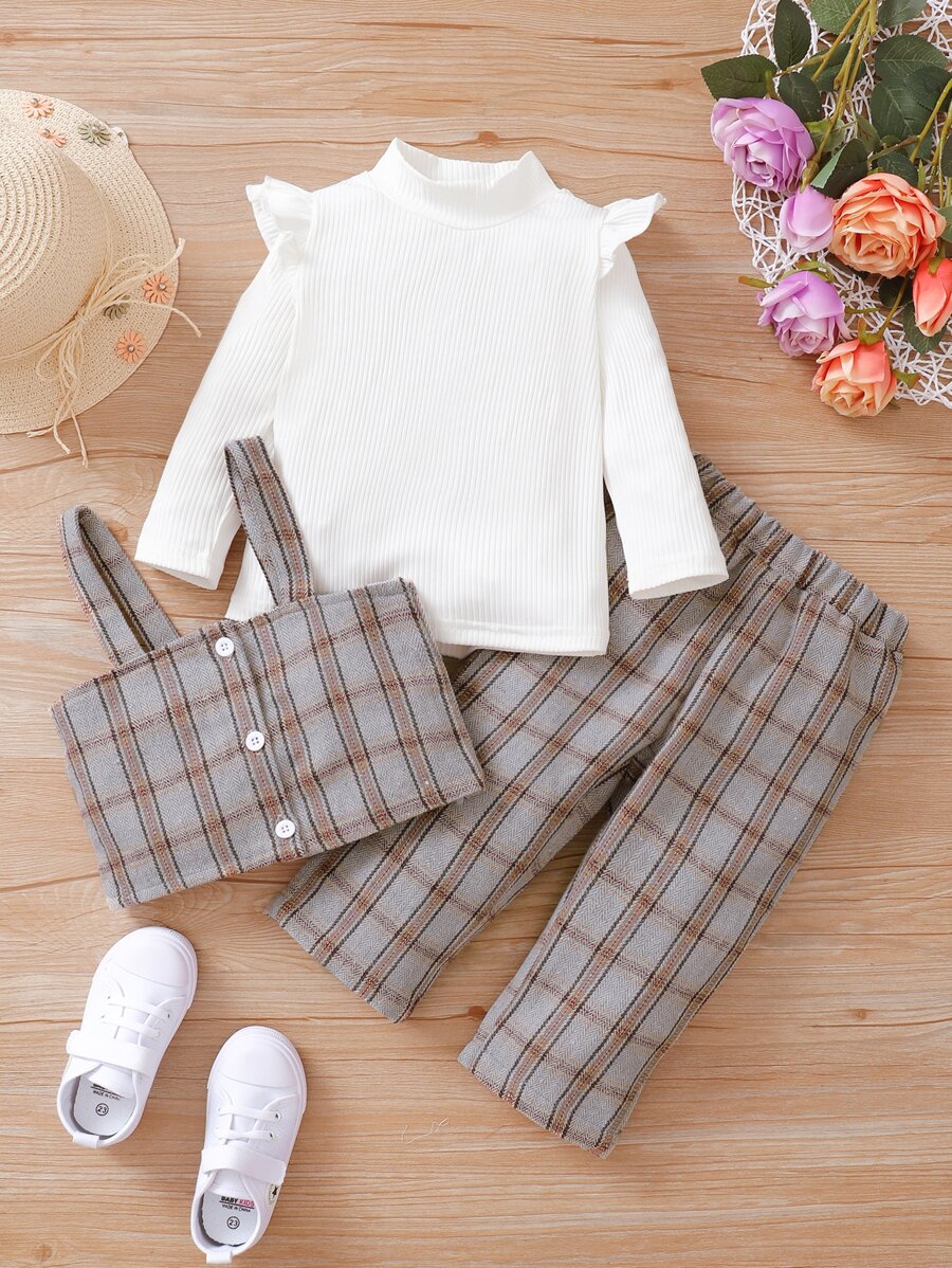 嬰兒格紋吊帶上衣和長褲和荷葉邊小高領T恤 - 彩色 - 查看 1