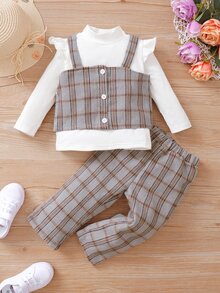 嬰兒格紋吊帶上衣和長褲和荷葉邊小高領T恤 - 彩色 - 查看 3