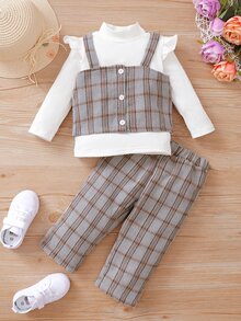 嬰兒格紋吊帶上衣和長褲和荷葉邊小高領T恤 - 彩色 - 查看 4