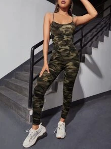 SHEIN EZwear 迷彩印花吊帶彈力緊身連體褲 - 軍綠色 - 查看 4