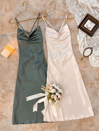 2pcs Lace Up Backless Satin Sleep Dress Pajama Dress Luxe Loungewear