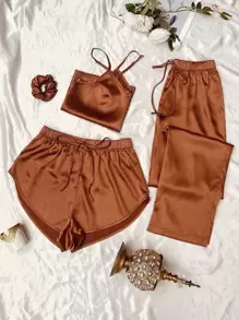 缎面吊带上衣 & 系腰短裤 & 长裤 & 发带 睡衣套装 / 睡衣套装 - 鏽棕色 - 查看 1
