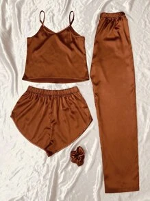 缎面吊带上衣 & 系腰短裤 & 长裤 & 发带 睡衣套装 / 睡衣套装 - 鏽棕色 - 查看 2