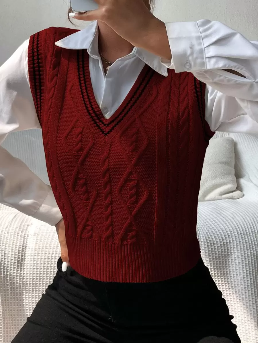SHEIN Unity Cable Knit Sweater Vest Without Blouse - Burgundy - View 1