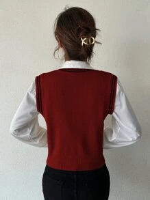 SHEIN Unity Cable Knit Sweater Vest Without Blouse - Burgundy - View 2