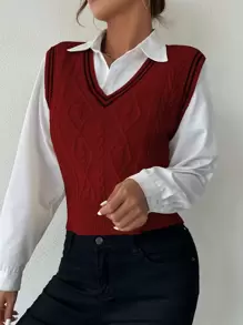 SHEIN Unity Cable Knit Sweater Vest Without Blouse - Burgundy - View 3