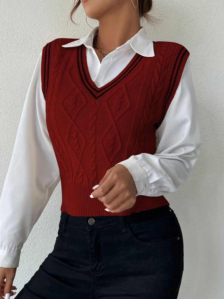 SHEIN Unity Cable Knit Sweater Vest Without Blouse - Burgundy - View 3