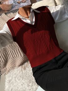 SHEIN Unity Cable Knit Sweater Vest Without Blouse - Burgundy - View 4