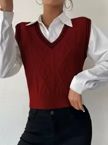 SHEIN Unity Cable Knit Sweater Vest Without Blouse - Burgundy - View 5