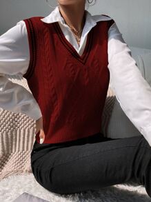 SHEIN Unity Cable Knit Sweater Vest Without Blouse - Burgundy - View 6
