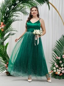 SHEIN Belle Plus Mesh Hem Bridesmaid Dress - Dark Green - View 1