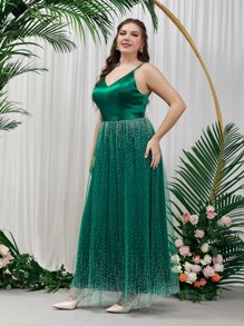 SHEIN Belle Plus Mesh Hem Bridesmaid Dress - Dark Green - View 4