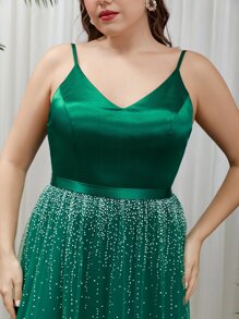 SHEIN Belle Plus Mesh Hem Bridesmaid Dress - Dark Green - View 5