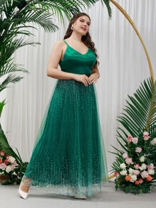 SHEIN Belle Plus Mesh Hem Bridesmaid Dress - Dark Green - View 6