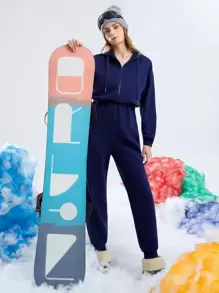 SHEIN Drop Shoulder Drawstring Hooded Jumpsuit - Royal Blue - View 1