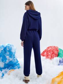 SHEIN Drop Shoulder Drawstring Hooded Jumpsuit - Royal Blue - View 2