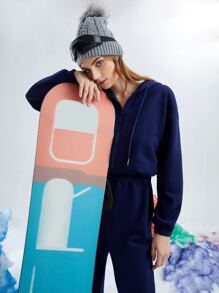 SHEIN Drop Shoulder Drawstring Hooded Jumpsuit - Royal Blue - View 3