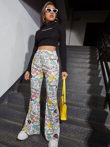 SHEIN Pantalones acampanados con estampado de dibujos animados - Multicolor - Ver 4