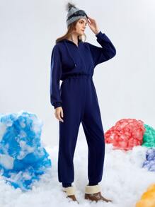 SHEIN Drop Shoulder Drawstring Hooded Jumpsuit - Royal Blue - View 4