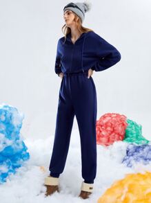 SHEIN Drop Shoulder Drawstring Hooded Jumpsuit - Royal Blue - View 5