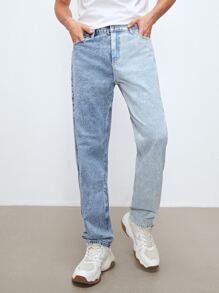 Manfinity 男士雙色斜口袋牛仔褲 - 淺色水洗藍 - 查看 1