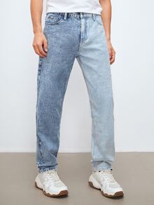 Manfinity 男士雙色斜口袋牛仔褲 - 淺色水洗藍 - 查看 3