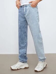 Manfinity 男士雙色斜口袋牛仔褲 - 淺色水洗藍 - 查看 5