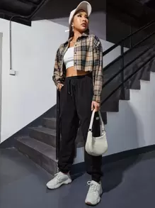 SHEIN EZwear Camisa corta de manga larga con botones y estampado de cuadros marrones, informal y holgada, para primavera y otoño, parte superior de manga larga - Multicolor - Ver 3