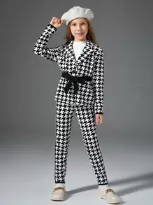 SHEIN 女孩千鳥格腰帶西裝外套和側拼接織帶長褲 - 黑與白 - 查看 1