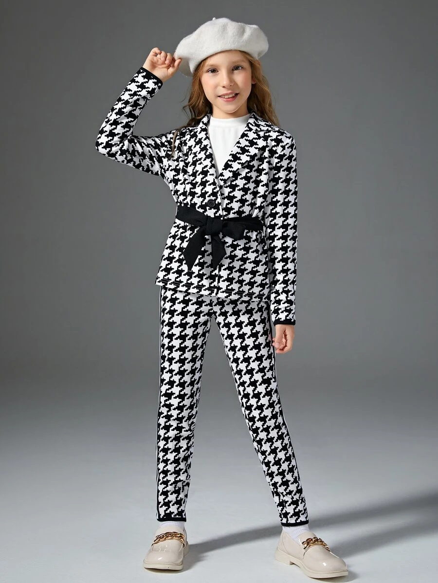 SHEIN 女孩千鳥格腰帶西裝外套和側拼接織帶長褲 - 黑與白 - 查看 1