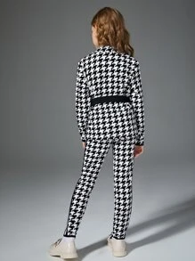 SHEIN 女孩千鳥格腰帶西裝外套和側拼接織帶長褲 - 黑與白 - 查看 2