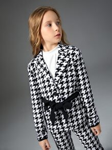 SHEIN 女孩千鳥格腰帶西裝外套和側拼接織帶長褲 - 黑與白 - 查看 3