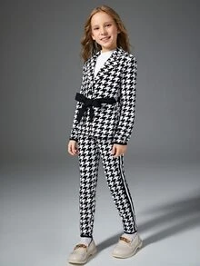 SHEIN 女孩千鳥格腰帶西裝外套和側拼接織帶長褲 - 黑與白 - 查看 4