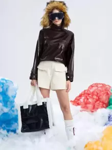 SHEIN EZwear Drop Shoulder PU Leather Blouse - Chocolate Brown - View 1