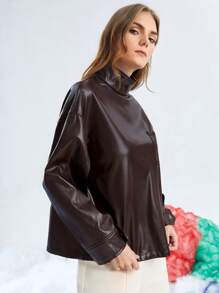 SHEIN EZwear Drop Shoulder PU Leather Blouse - Chocolate Brown - View 3