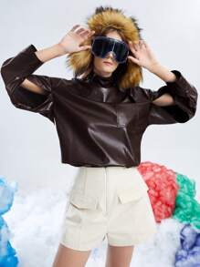 SHEIN EZwear Drop Shoulder PU Leather Blouse - Chocolate Brown - View 4
